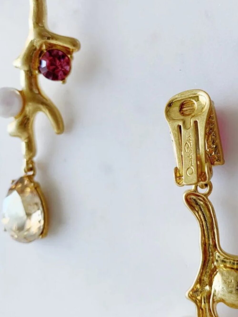 Oscar de la Renta Coral Branch Crystal Drop Earrings Pink Champagne Pearl - Picture 5 of 5